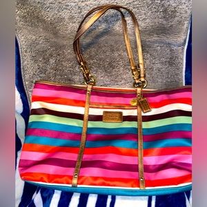 Coach Legacy multicolored striped satin & leather trimmed dbl handle zipper tote